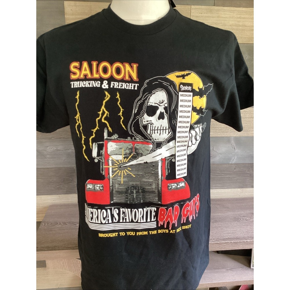 NWT Spencer's Saloon Trucking $ Freight At Six Shot Bad Guys Sz Med Trucks Skull